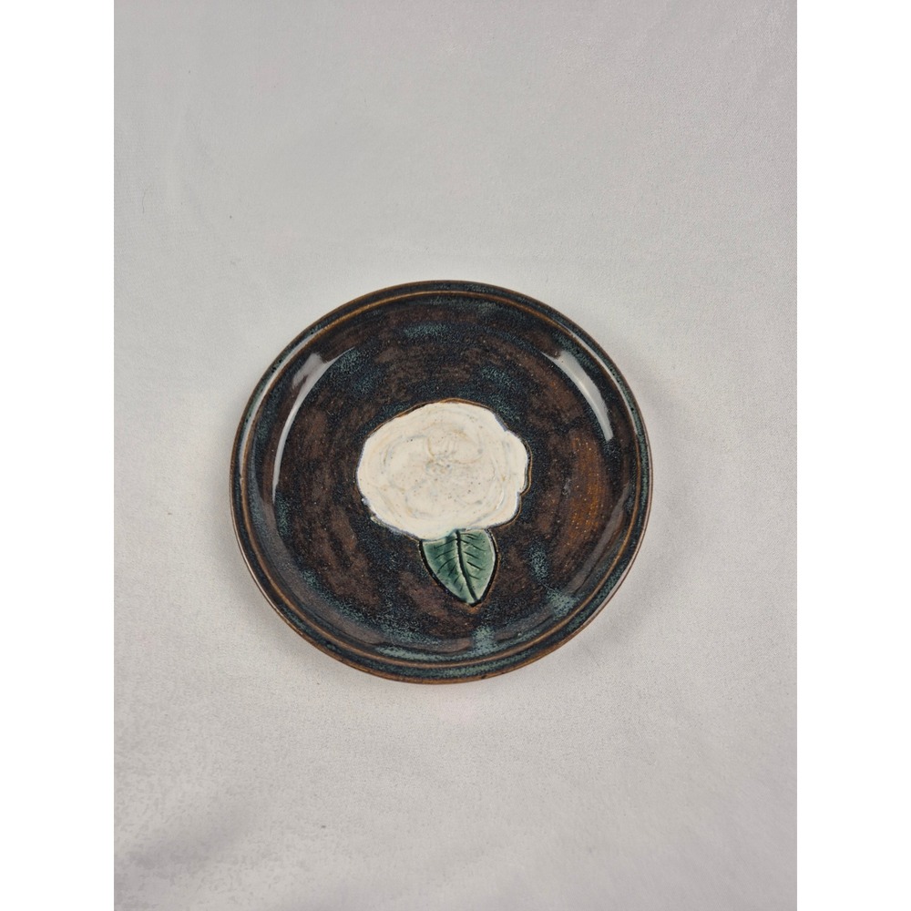 Signed Vintage Studio Art Pottery Trinket Dish White Flower Handmade Ceramic 5"